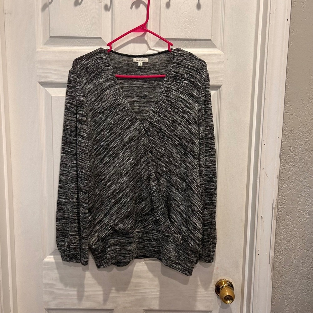 Max Studio Wrap Top Womens L Gray Spacedye Long Sleeve‎ Blouse Business Casual